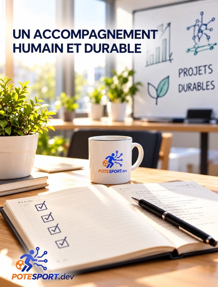 Un. Cahier ouvert sur un bureau où il y a une plante verte et un mug avec le logo. potesportDev